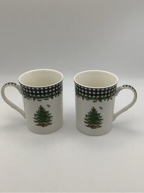 Two Spode 2024 Annual Collectible Christmas Tree Mugs with Checked Border